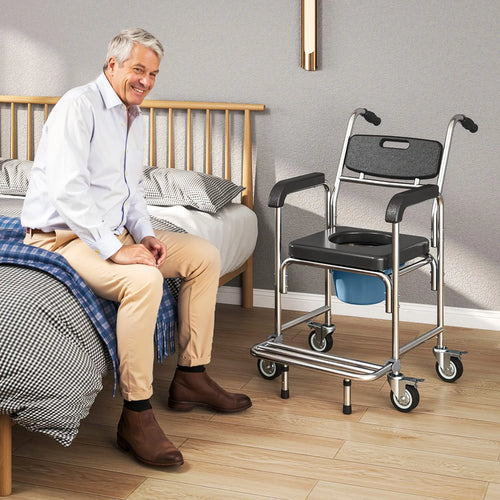 3-in-1 Shower Commode Wheelchair, Transport Chair with Padded Seat