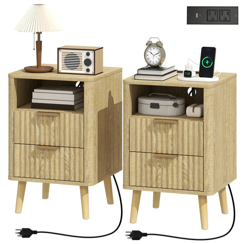 Modern Nightstands Set Of 2, Charging Station, 2 Drawers, Open Shelf, Oak
