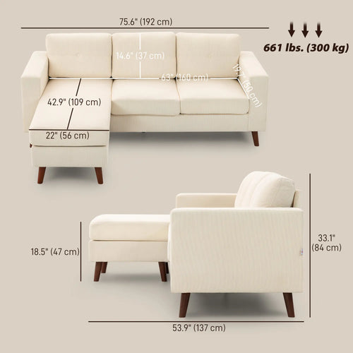 Sectional Sofa with Changeable Chaise, 3 Seat L-Shaped, Cream White