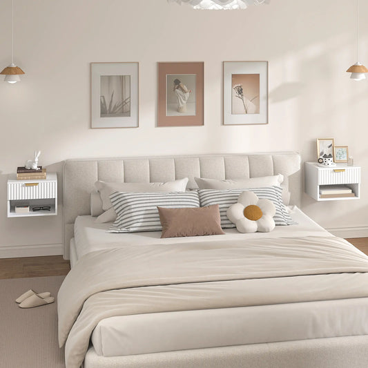 Floating Nightstands, Set of 2 with Drawer and Shelf, White Bedside Tables Gold, White at Gallery Canada