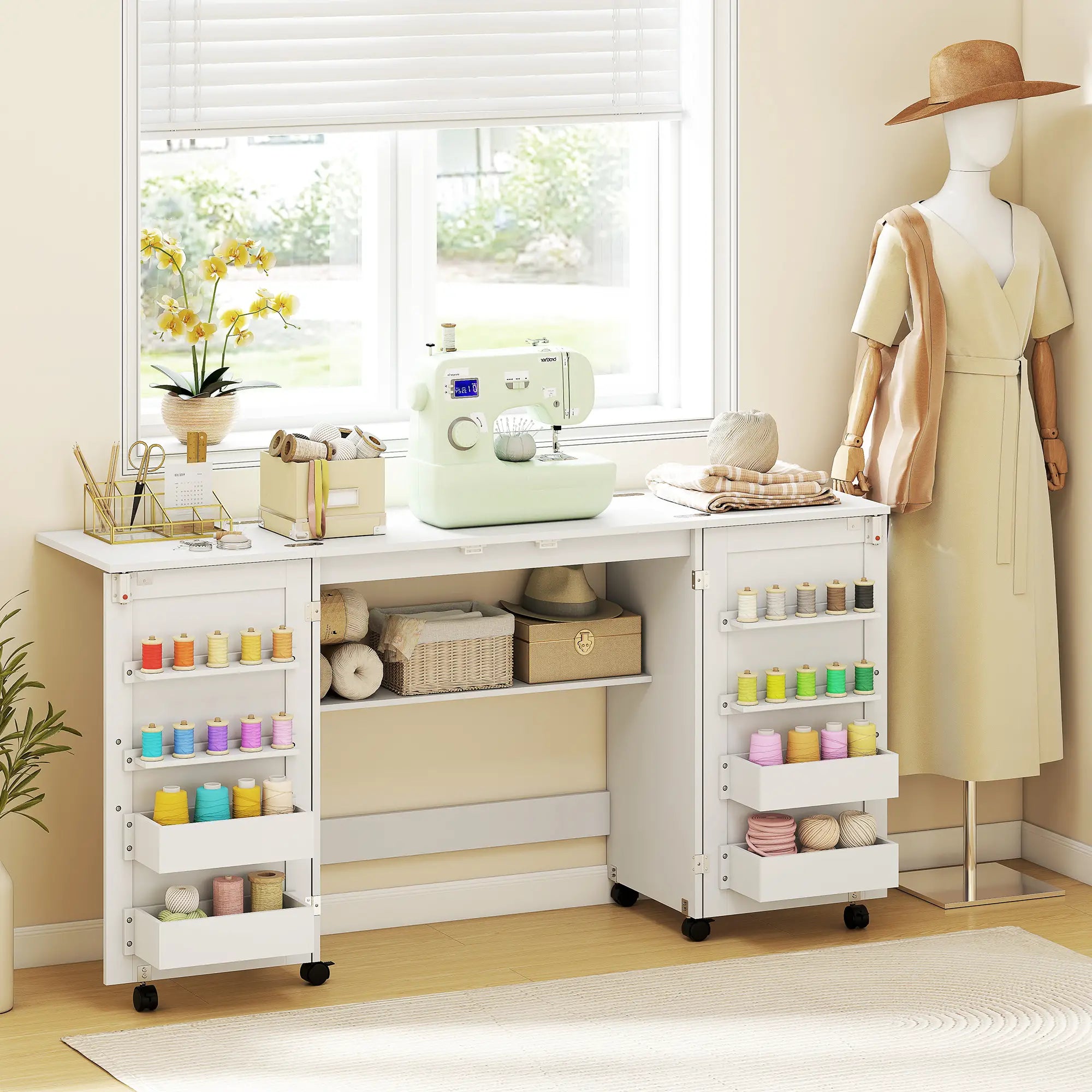 Folding Craft Table, Rolling Sewing Machine Table, Storage Shelf, White Sewing Cabinets at Gallery Canada