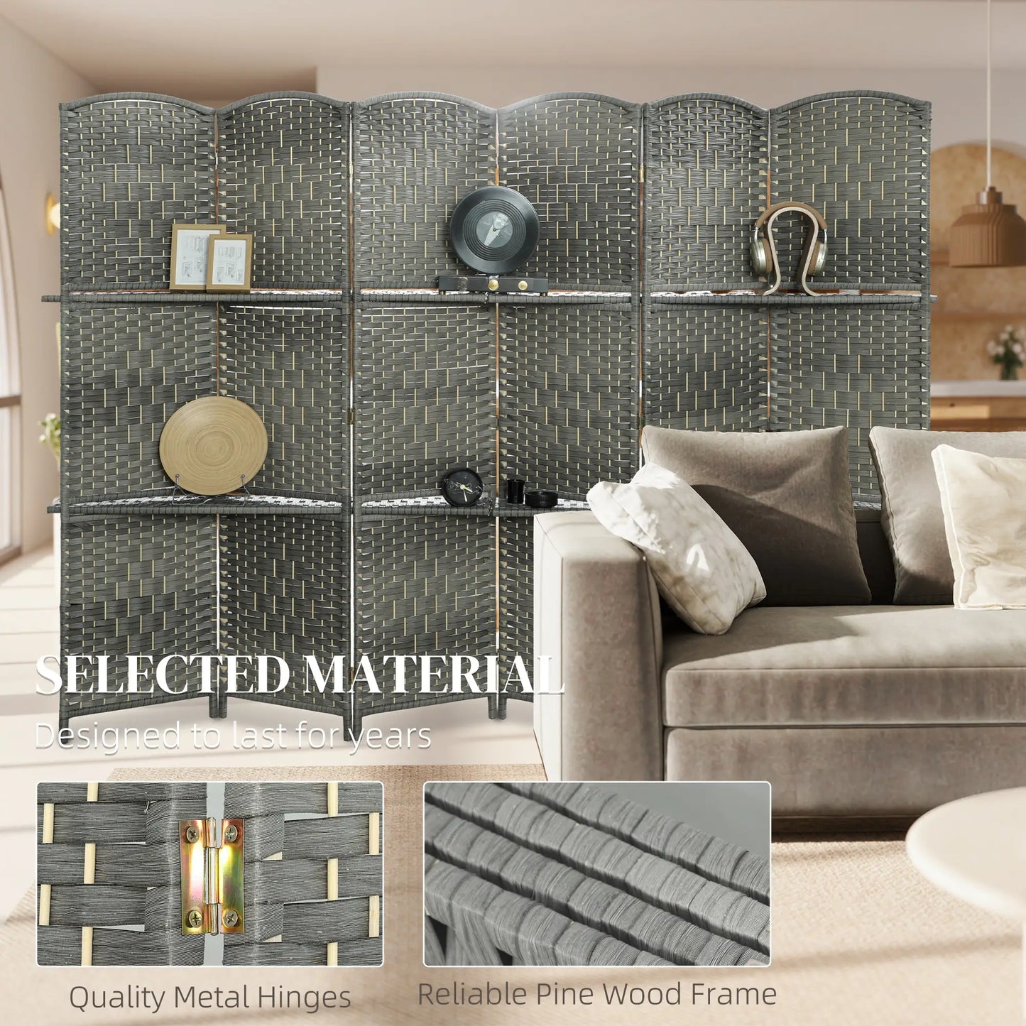 6 FT Privacy Screen, 6 Panel Room Divider With Shelves, Grey