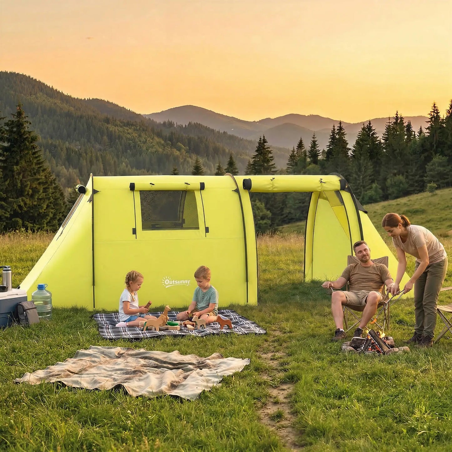 3-4 Person Camping Tent with 2 Rooms, 3000mm Waterproof Portable Family Tent with Carry Bag, Yellow Camping Tents at Gallery Canada