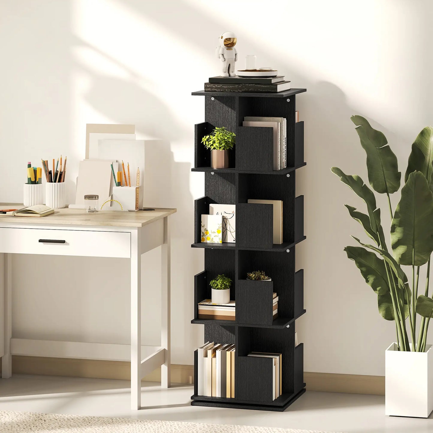 360° Rotating Bookcase, 4 Tier Bookshelf with 16 Cubbies, Black Wood Grain, Black Display Bookshelves at Gallery Canada