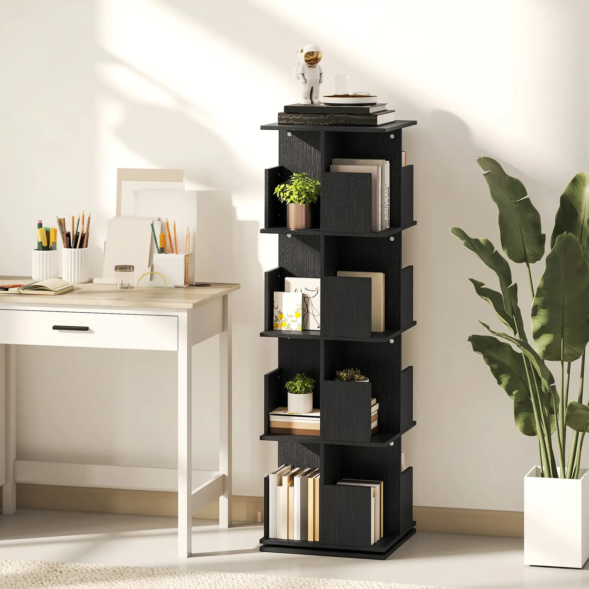 360° Rotating Bookcase, 4 Tier Bookshelf with 16 Cubbies, Black Wood Grain, Black Display Bookshelves at Gallery Canada
