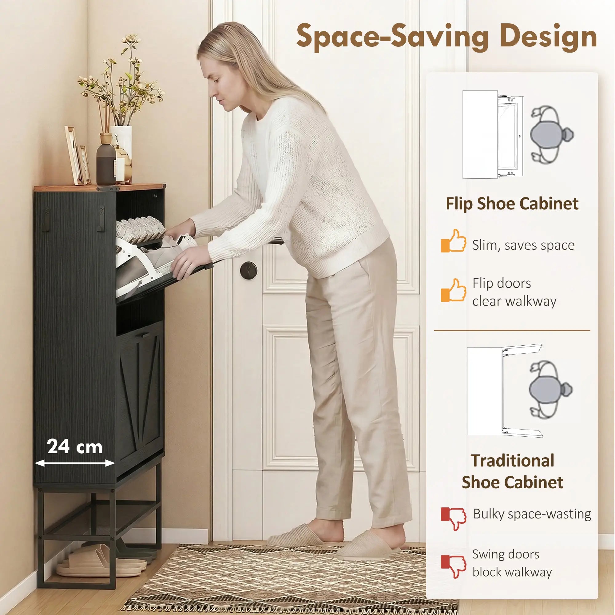 Narrow Shoe Storage Cabinet with 2 Flip Drawers, Black Shoe Storage Cabinets & Racks at Gallery Canada