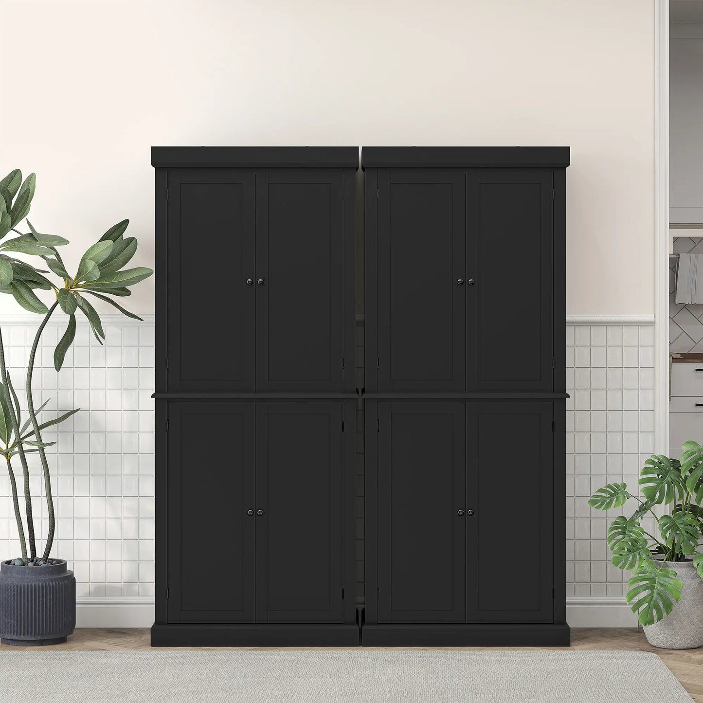 72.5" Freestanding Kitchen Pantry Cabinet with 4 Doors, Black Kitchen Pantry Cabinets at Gallery Canada