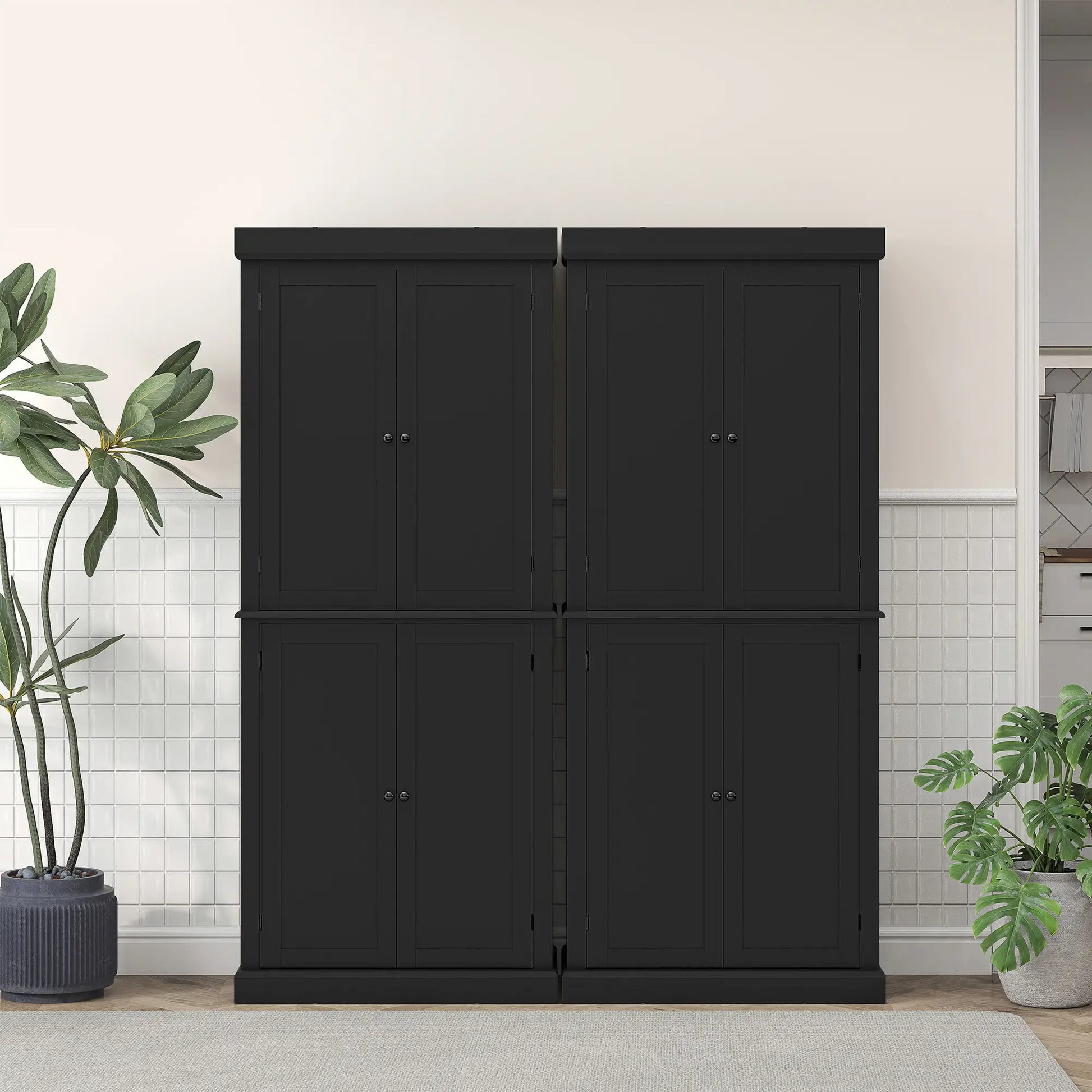 72.5" Freestanding Kitchen Pantry Cabinet with 4 Doors, Black Kitchen Pantry Cabinets at Gallery Canada