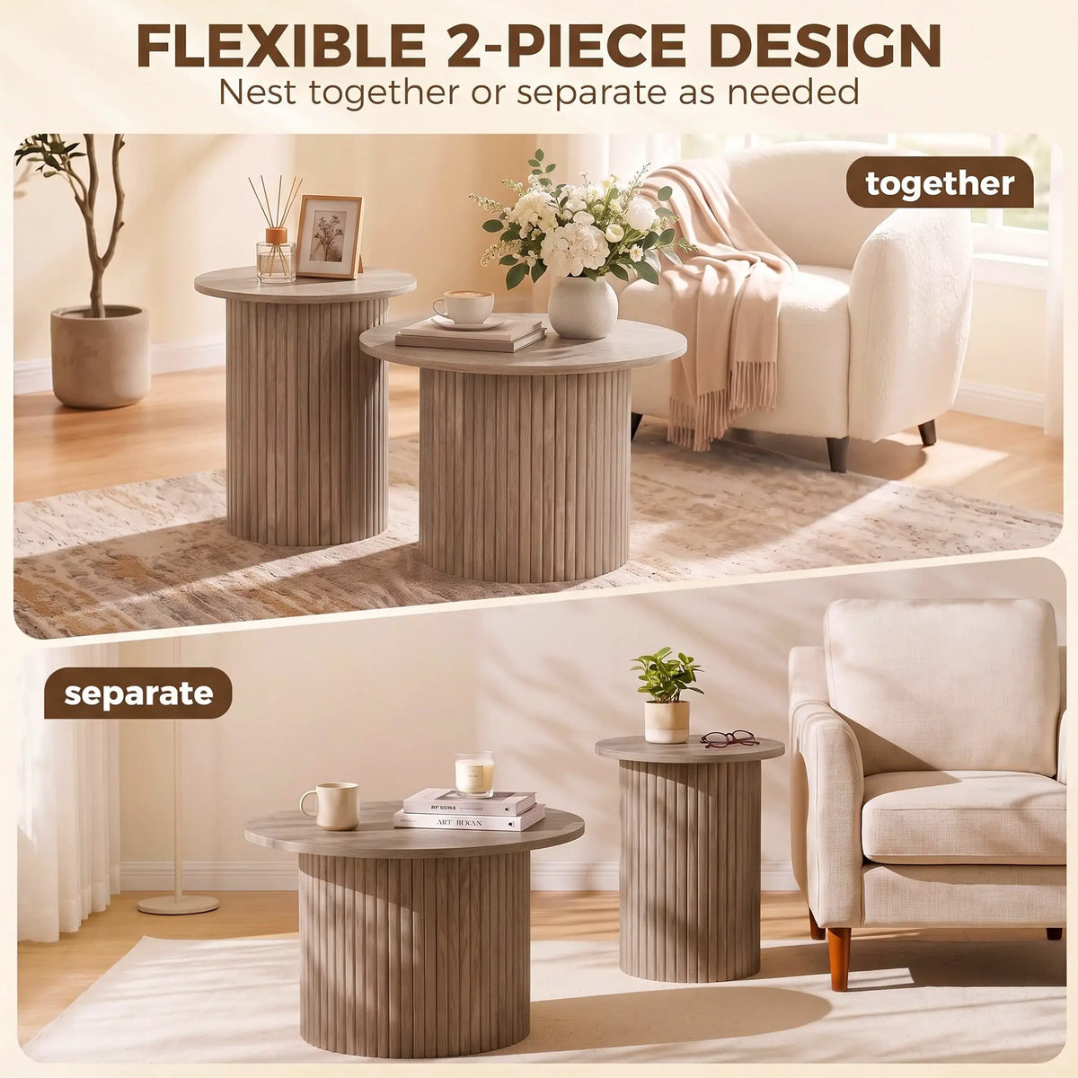 Round Nesting Coffee Table Set of 2, Fluted Mid Century Side Tables