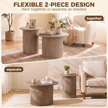 Round Nesting Coffee Table Set of 2, Fluted Mid Century Side Tables