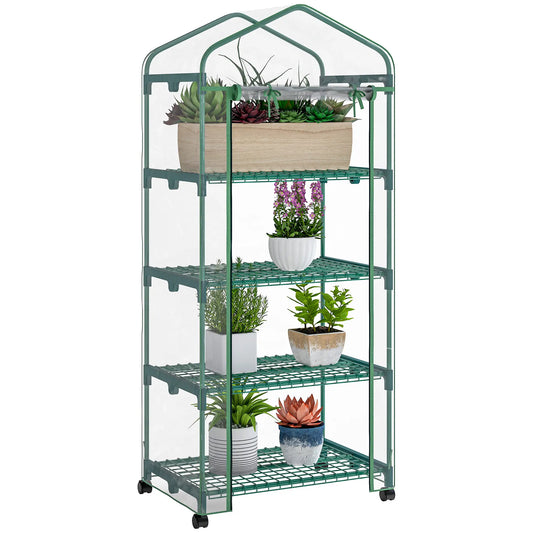 27" x 20" x 65" Portable Greenhouse, 4 Tier Shelves, Wheels, Steel Frame, Clear Plastic Cover Greenhouses Clear, Dark Green at Gallery Canada