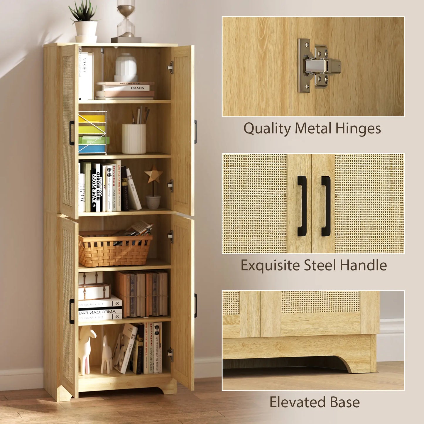 67" Tall Kitchen Pantry, Freestanding Cabinet, 4 Rattan Doors, Adjustable Shelves, Oak Storage Cabinets at Gallery Canada