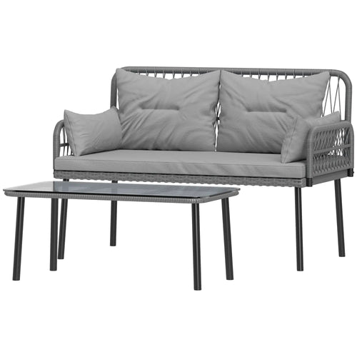 2-Piece Wicker Patio Set, Small Loveseat with Glass Table, Light Grey