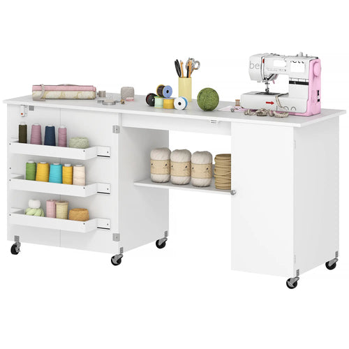 Sewing Machine Table, Drop Leaf, 2 Doors, Adjustable Shelf, White