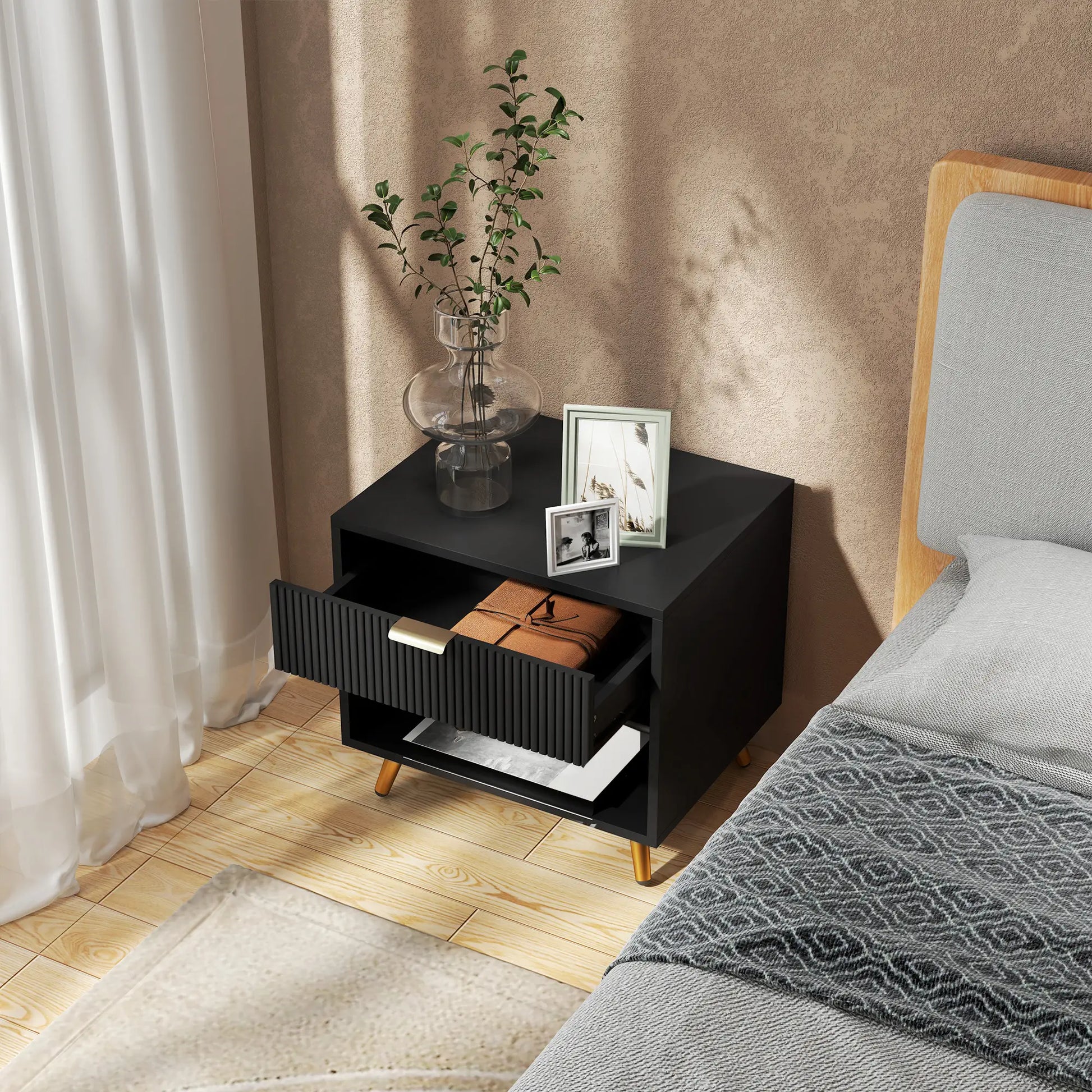 Modern Nightstand with Drawer, Open Compartment, Black Bedside Tables at Gallery Canada