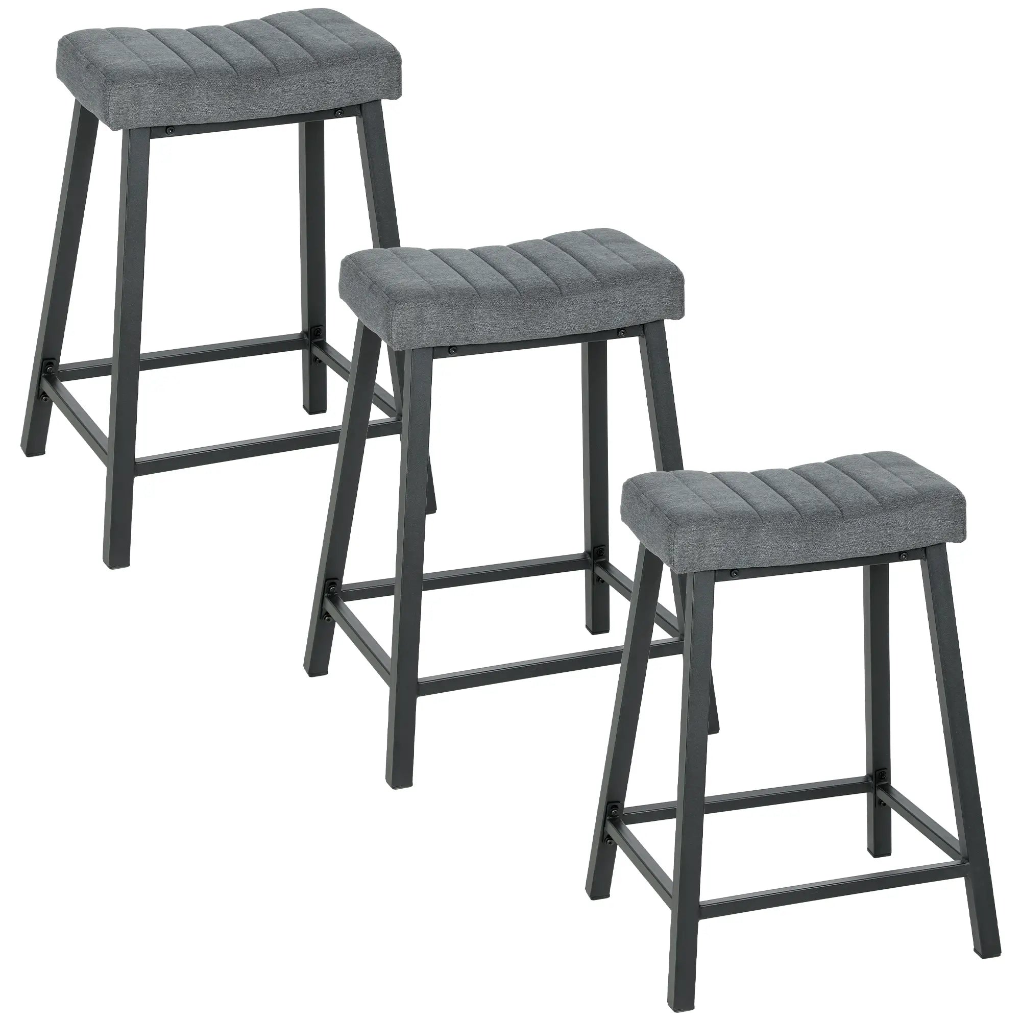 Set of 3 Velvet Bar Stools, Curved Seat with Footrest, Grey Bar Stools Grey, Black at Gallery Canada