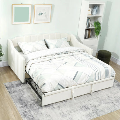 Upholstered Twin Trundle Bed, Extendable Twin To King, Cream White