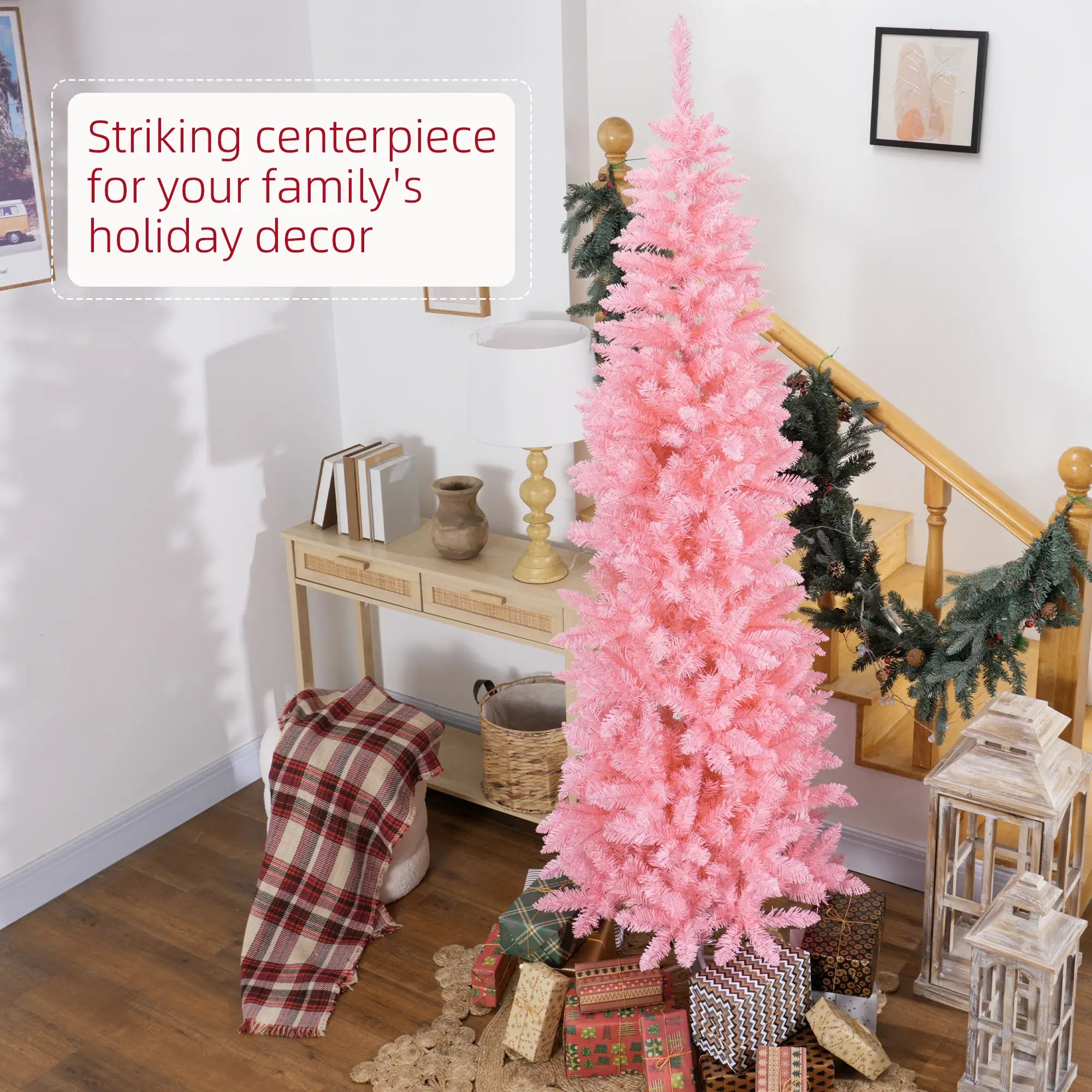 7ft Pencil Artificial Christmas Tree, 687 Branch Tips, Steel Base, Pink Pencil Christmas Trees at Gallery Canada