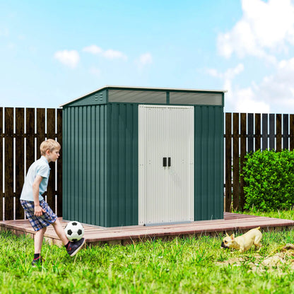 6.5x4FT Galvanised Metal Shed, Foundation Kit, Sliding Doors, Vents, Green