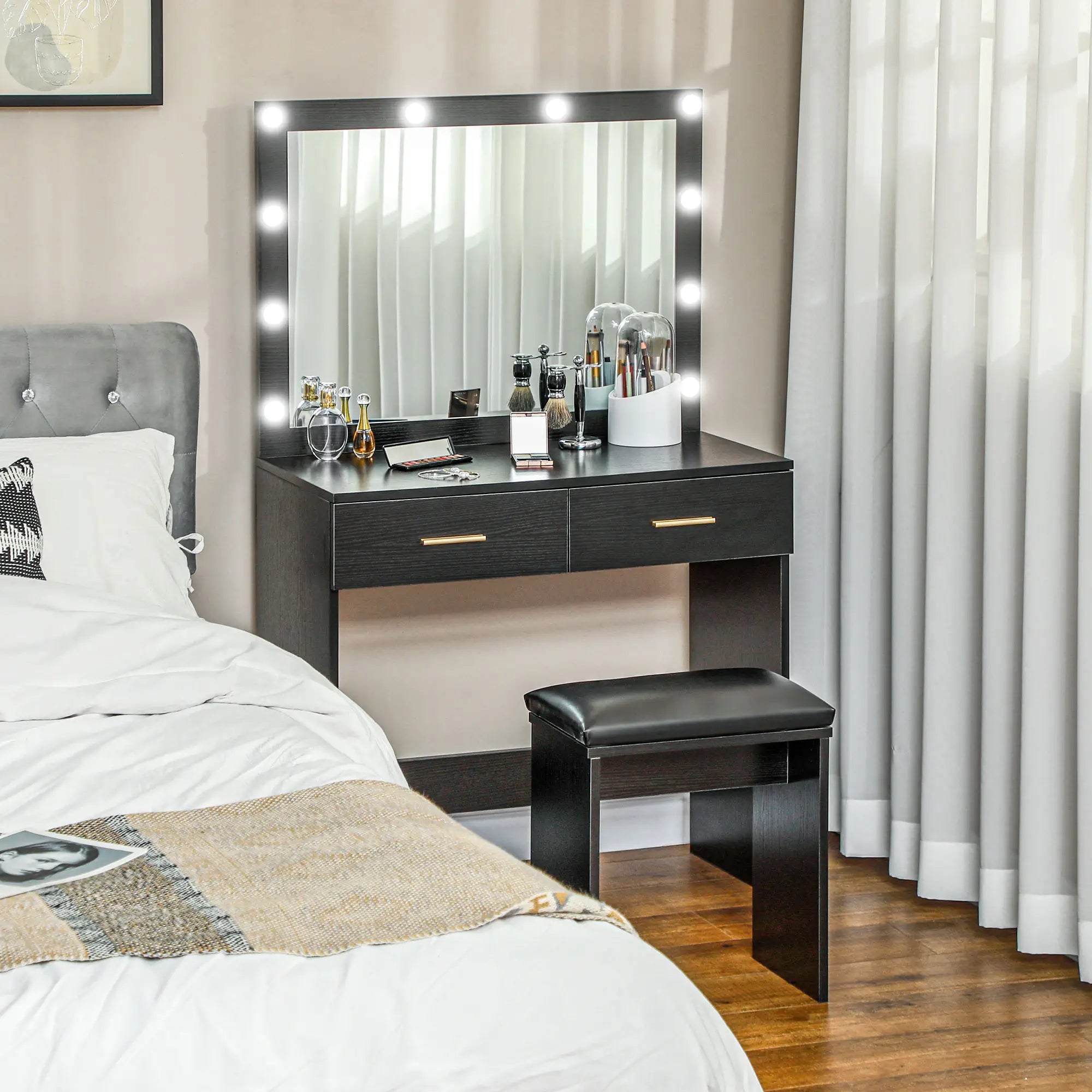 Makeup Vanity Desk Set with Stool, LED Mirror, Drawers, Black Dressing & Vanity Tables at Gallery Canada