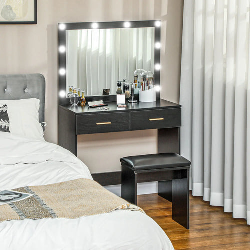 Makeup Vanity Desk Set with Stool, LED Mirror, Drawers, Black