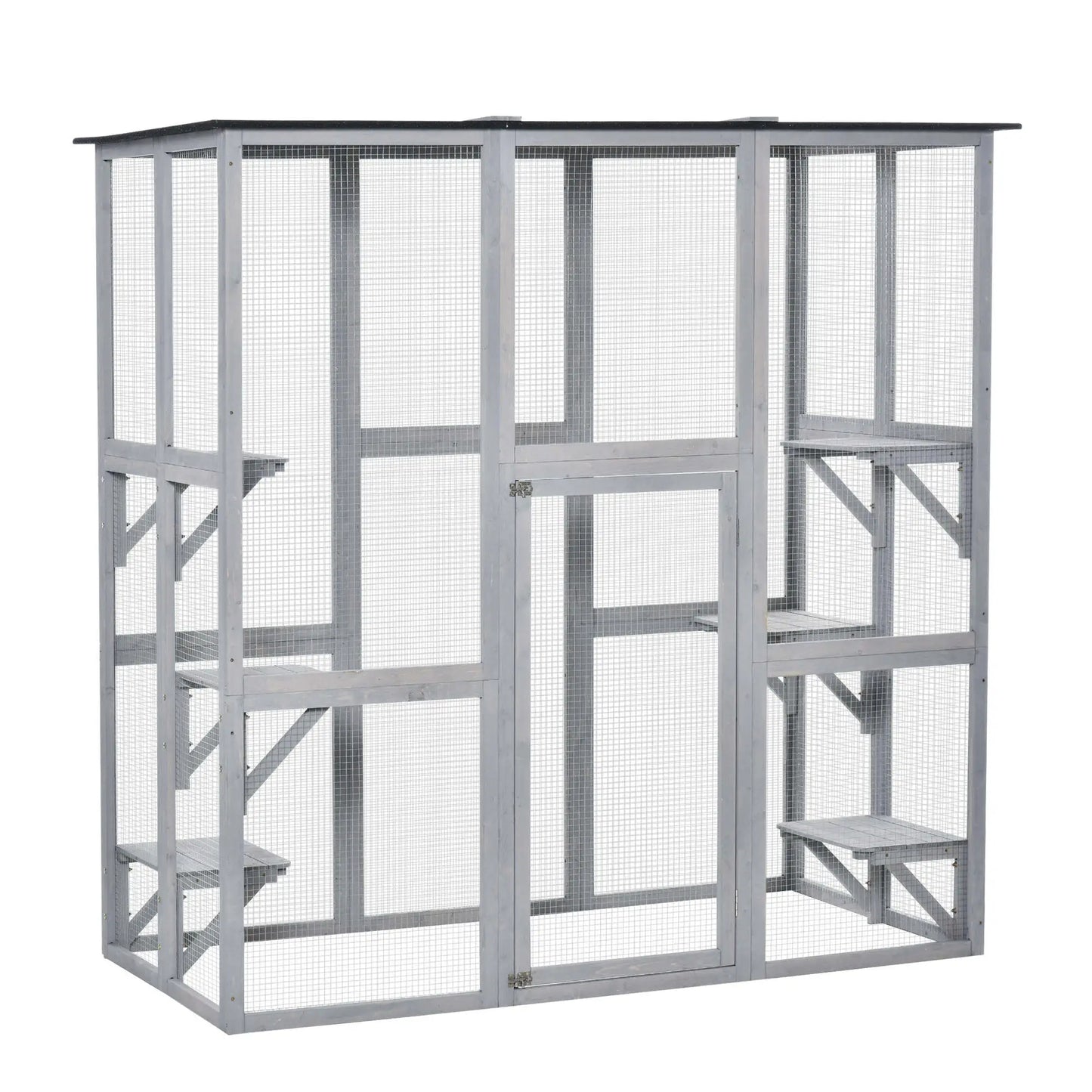 Large Outdoor Catio Enclosure, Weatherproof Cat House, Wooden Patio Cage, 6 Platforms, 71" x 39" x 71", Grey Outdoor Cat Enclosures Grey at Gallery Canada