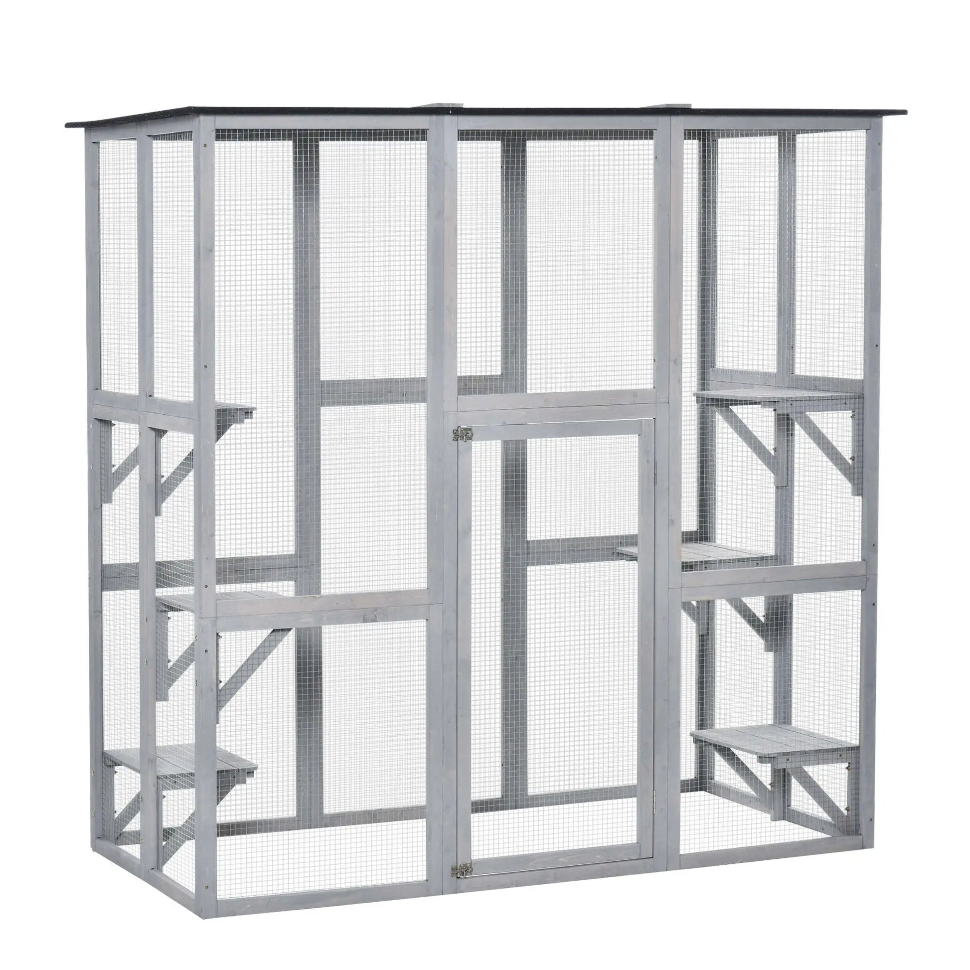 Large Outdoor Catio Enclosure, Weatherproof Cat House, Wooden Patio Cage, 6 Platforms, 71" x 39" x 71", Grey Outdoor Cat Enclosures Grey at Gallery Canada