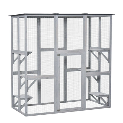 Large Outdoor Catio Enclosure, Weatherproof Cat House, Wooden Patio Cage, 6 Platforms, 71" x 39" x 71", Grey Outdoor Cat Enclosures Grey at Gallery Canada