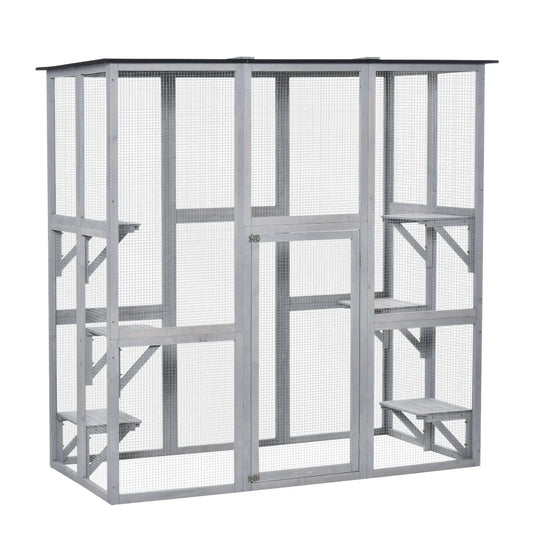 Large Outdoor Catio Enclosure, Weatherproof Cat House, Wooden Patio Cage, 6 Platforms, 71" x 39" x 71", Grey Outdoor Cat Enclosures Grey at Gallery Canada