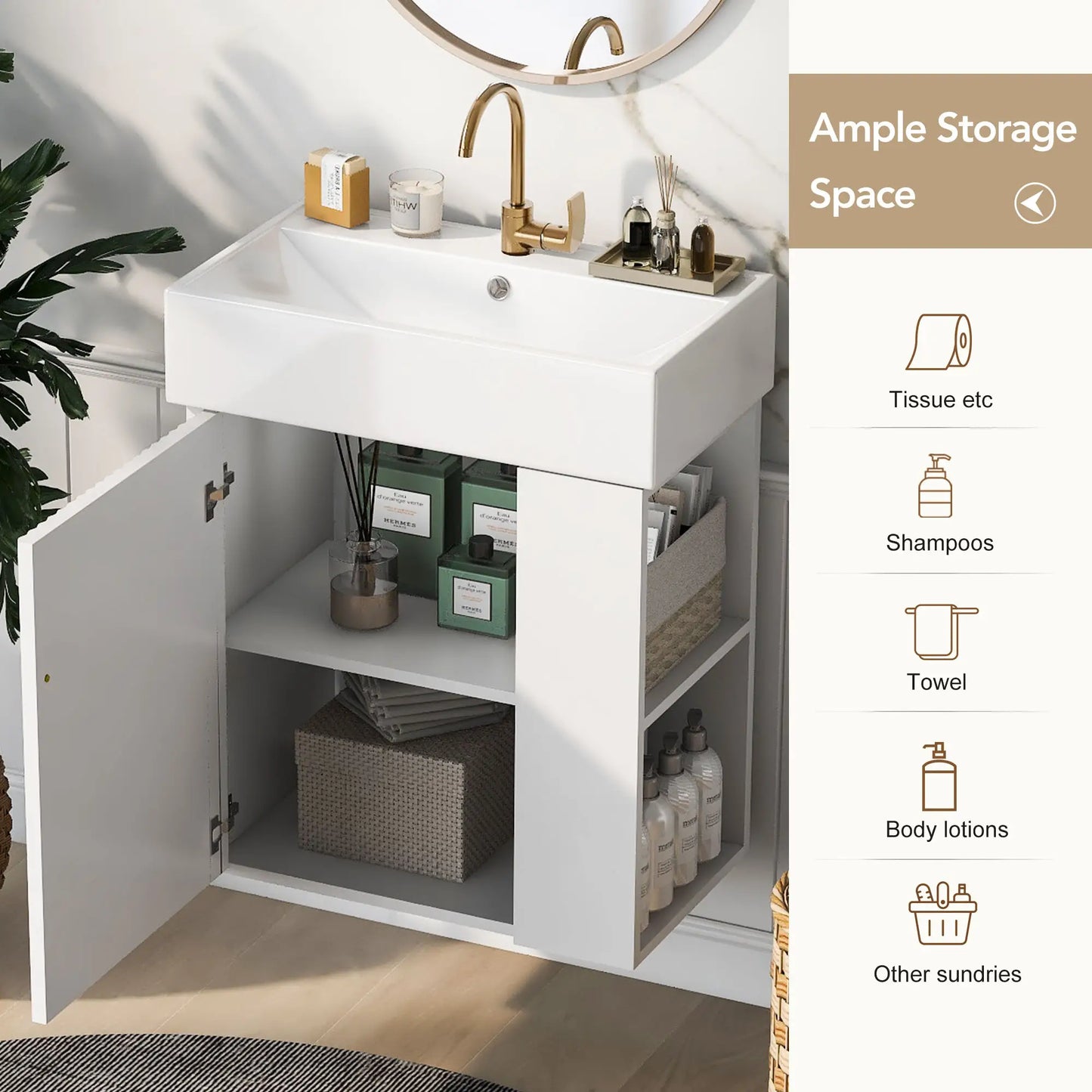 Floating Bathroom Vanity, Ceramic Basin, Right Storage, Rose Gold Handle, 21.5" L x 12" W x 26.5" H, White Sink Cabinets at Gallery Canada