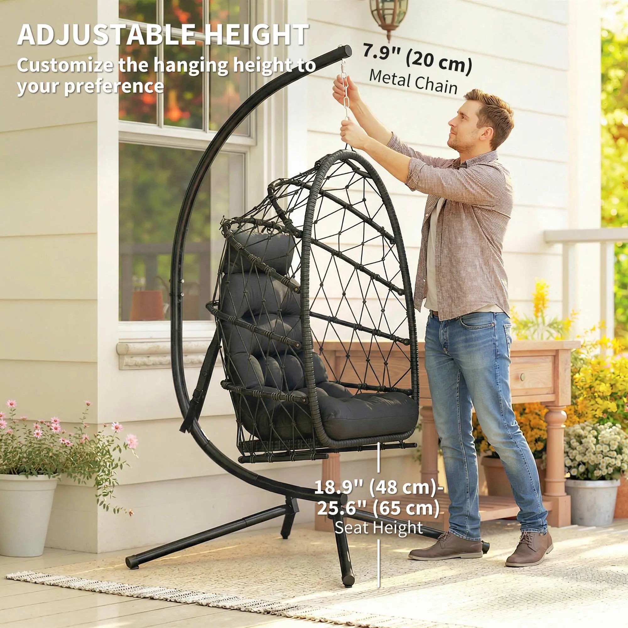 Hanging Egg Chair With Stand, Foldable Wicker Rattan Swing, Thick Cushion, Black Patio Swings with Stand at Gallery Canada