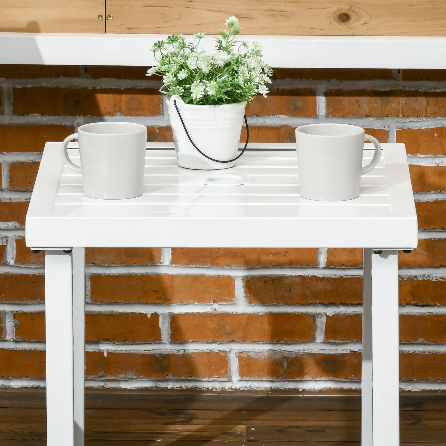 Outdoor Side Table, Patio End Table with Umbrella Hole, White