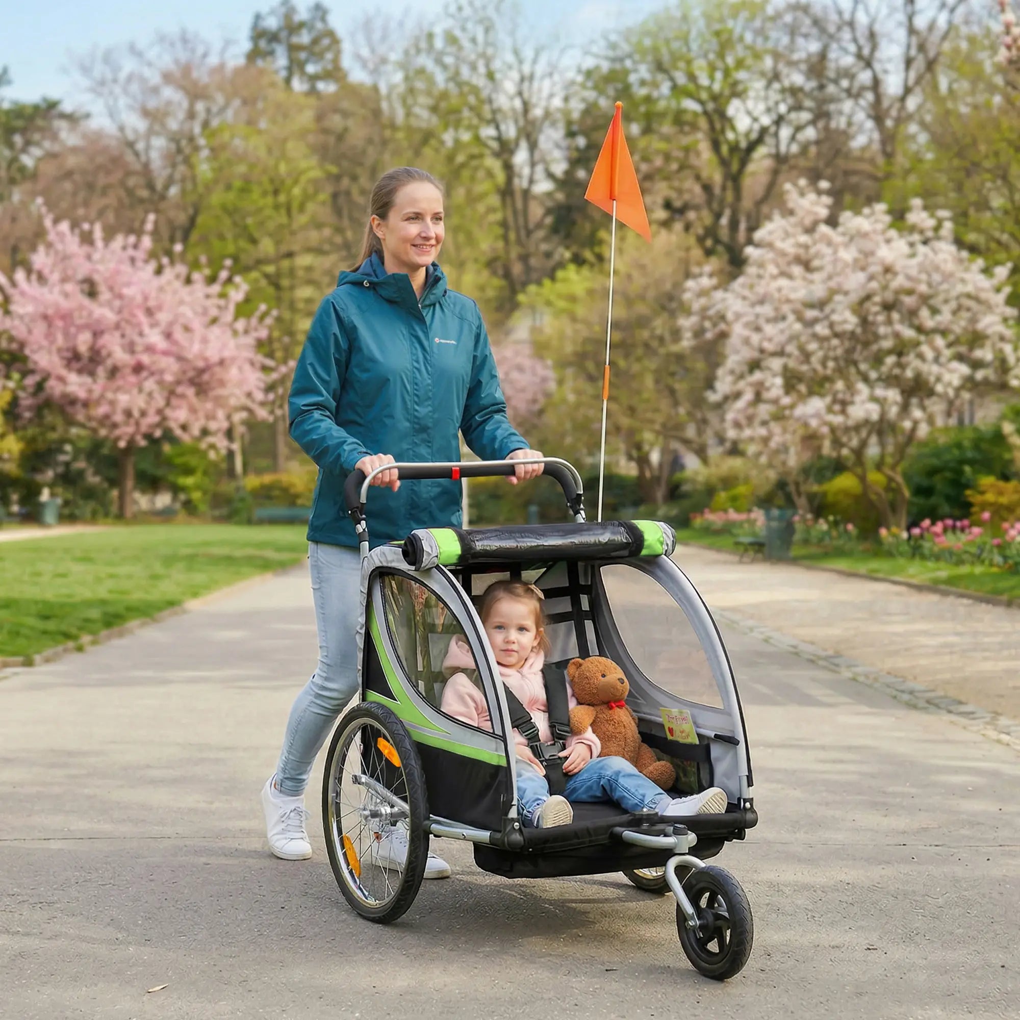 2 Seat Bike Trailer, Double Jogging Stroller, Handbrake, Rubber Wheels, Green Kids Bike Trailers at Gallery Canada