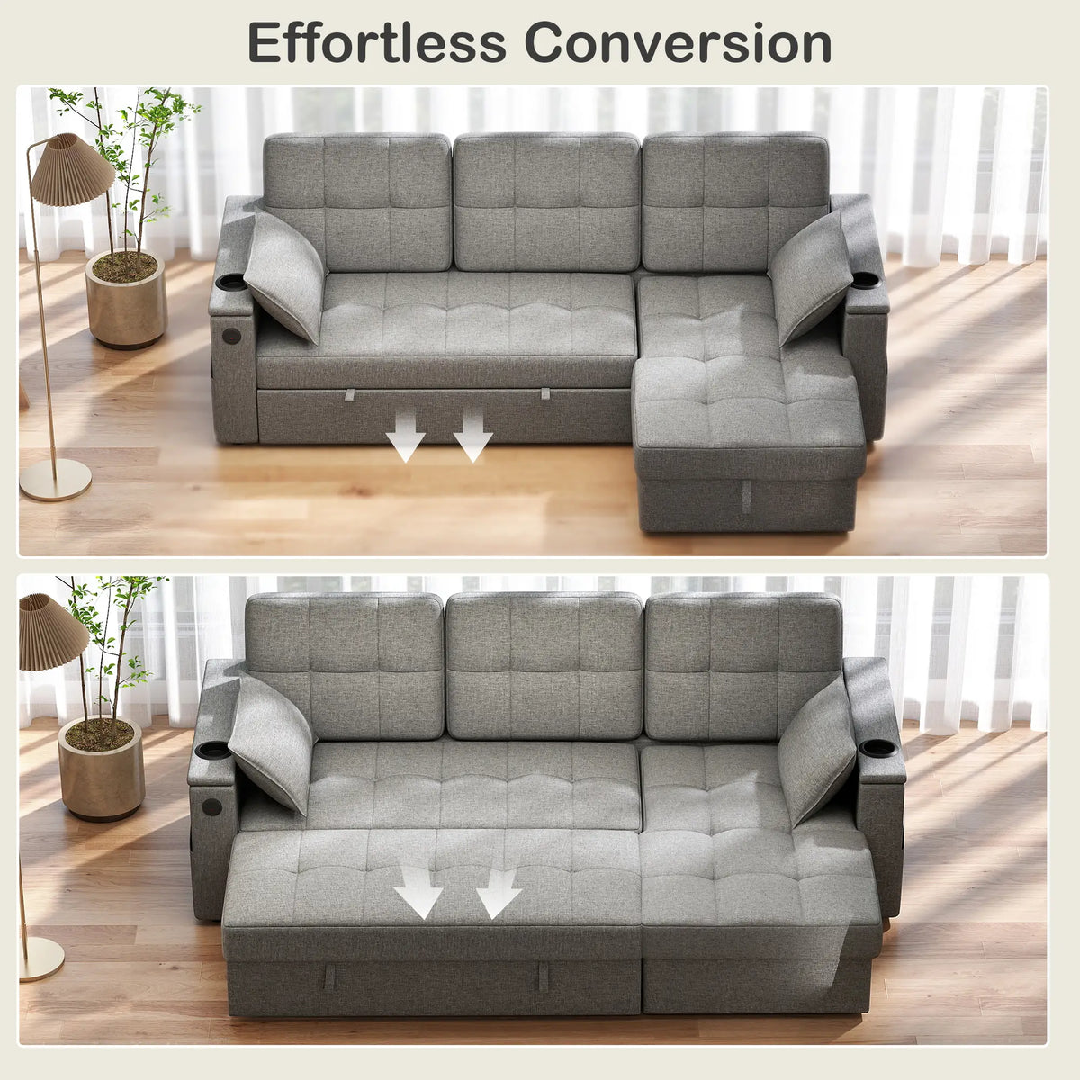 Convertible Sectional Sofa Bed, Pull Out Sleeper with USB, Chaise Storage, Grey Sofas & Reclining Chairs at Gallery Canada