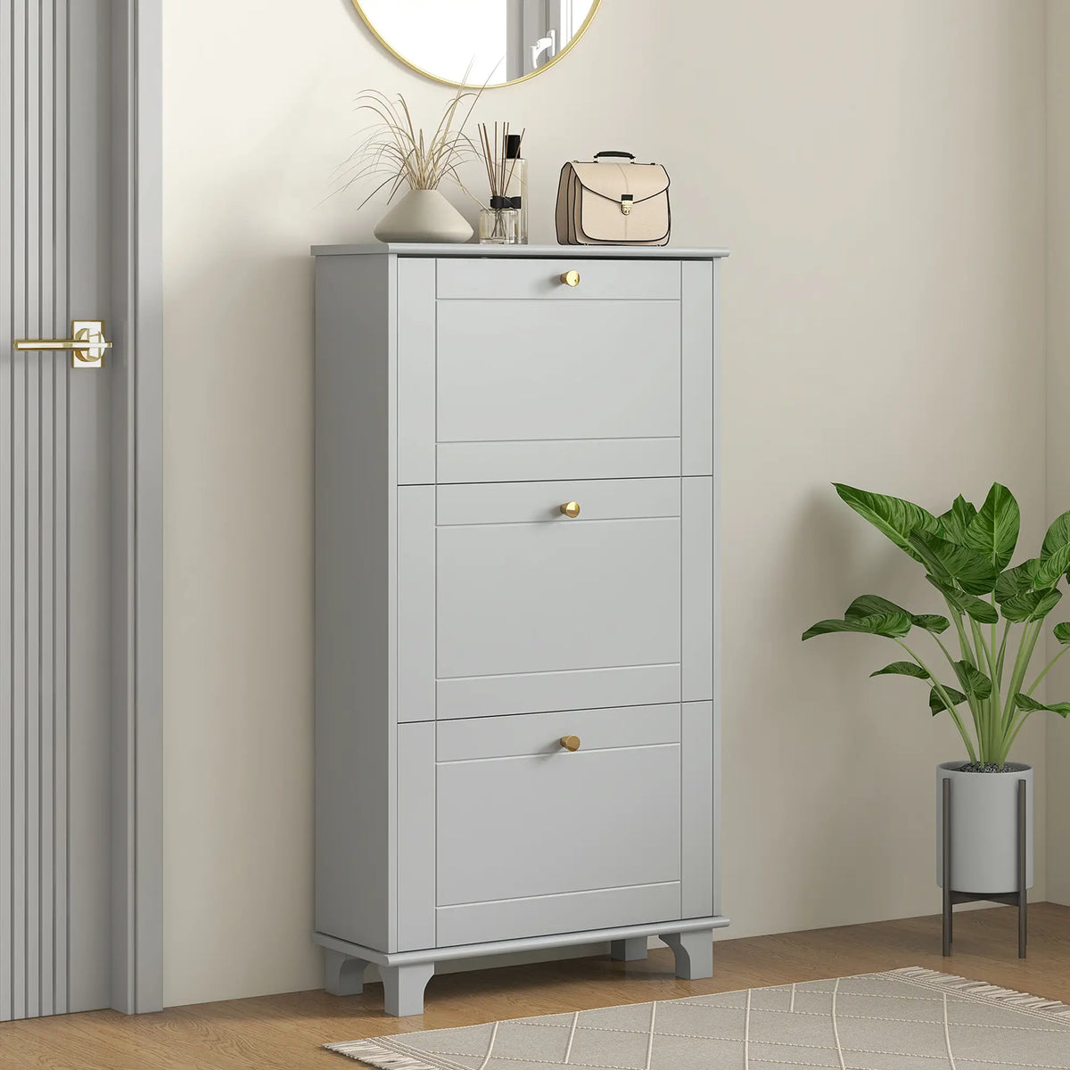 Narrow Shoe Storage, 3 Flip Drawers, Adjustable Shelves, Holds 12 Pairs, Grey