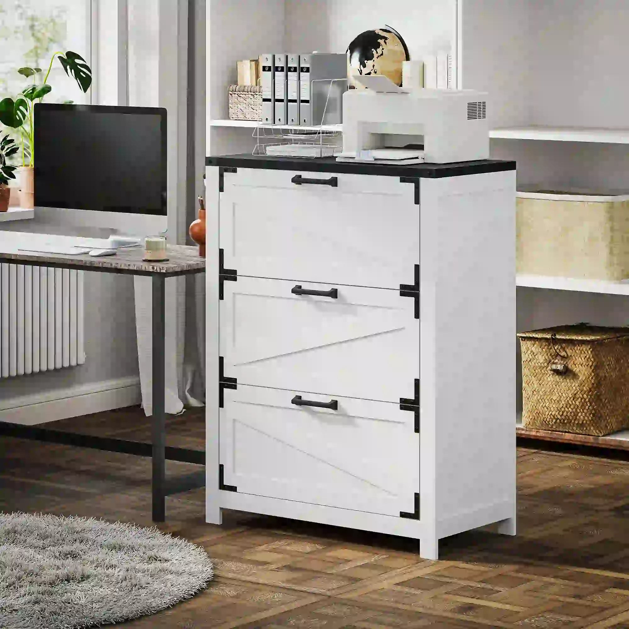 3 Drawer Filing Cabinet, Farmhouse Office Storage, Adjustable Hanging Bars, Letter, A4, Legal Size, White Office Cabinets & Cupboards at Gallery Canada