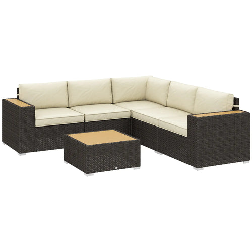 6-Piece Outdoor Rattan Patio Set, Corner Sofa, Wood-Plastic Table, Light Khaki