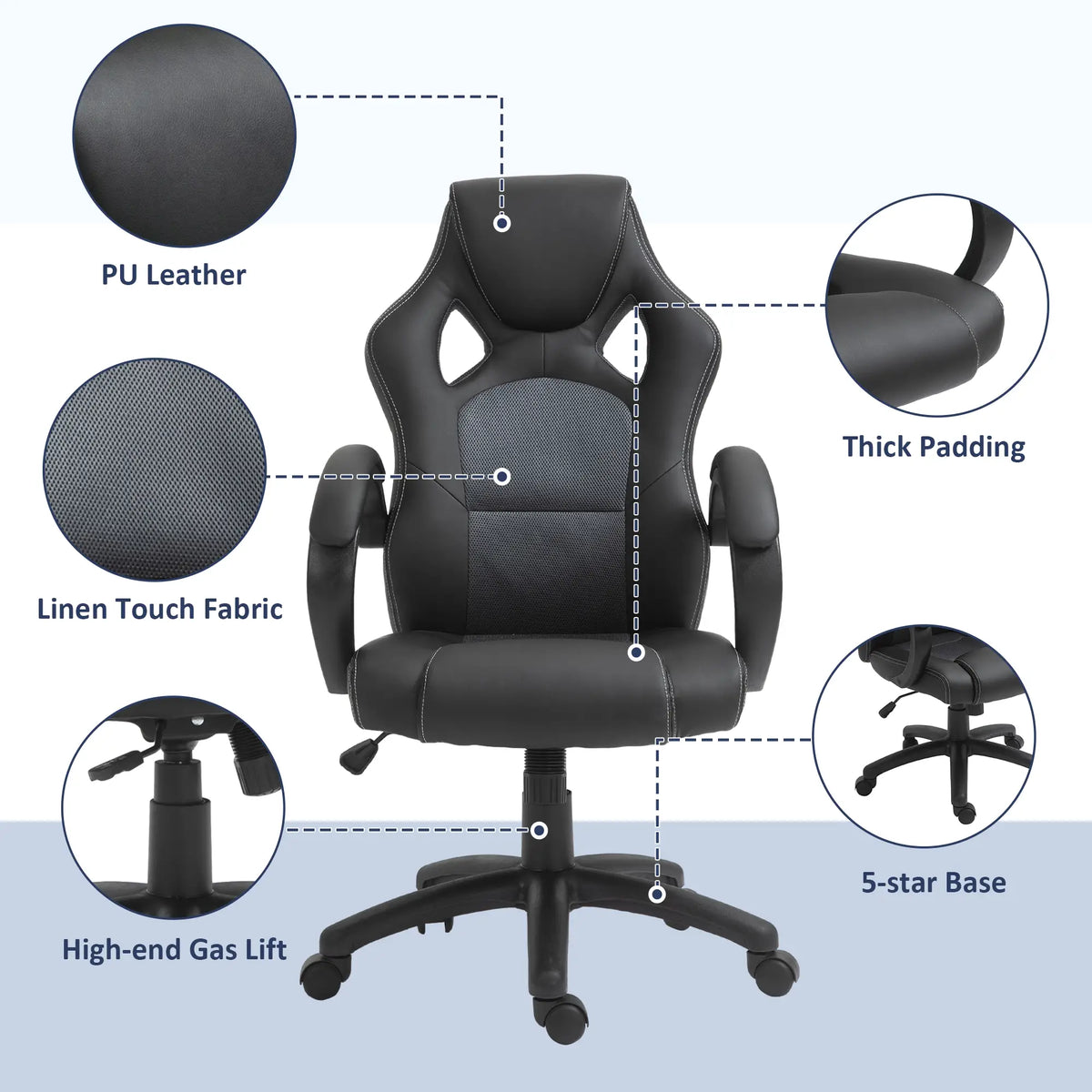 Chaise de jeu de course, Roues pivotantes, Appuie-tête rembourré, Fonction d'inclinaison, Gris