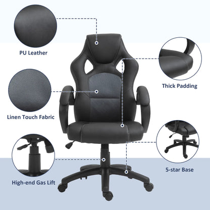 Chaise de jeu de course, Roues pivotantes, Appuie-tête rembourré, Fonction d'inclinaison, Gris