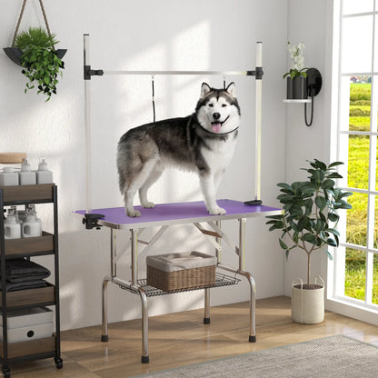 Adjustable Dog Grooming Table, 2 Safety Slings, Storage Basket, Purple Dog Grooming Tables at Gallery Canada