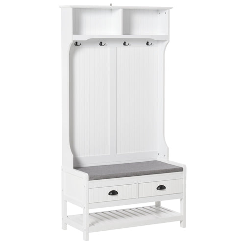 Clothing Storage, Coat Stand, Shoe Storage Bench Organizer with Coat Hanger, Drawers Padded Seat Cushion for Entryway Hallway Foyer Bedroom Living Room White