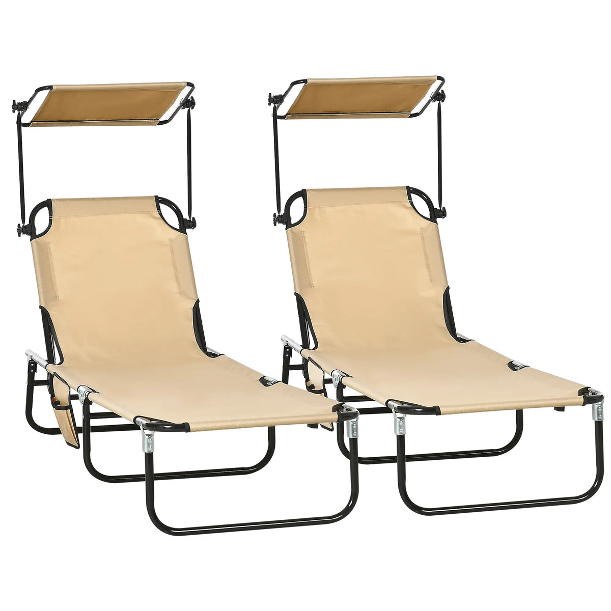 2 Piece Folding Chaise Lounges, Reclining Back, Sunshade, Pool, Beach, Patio