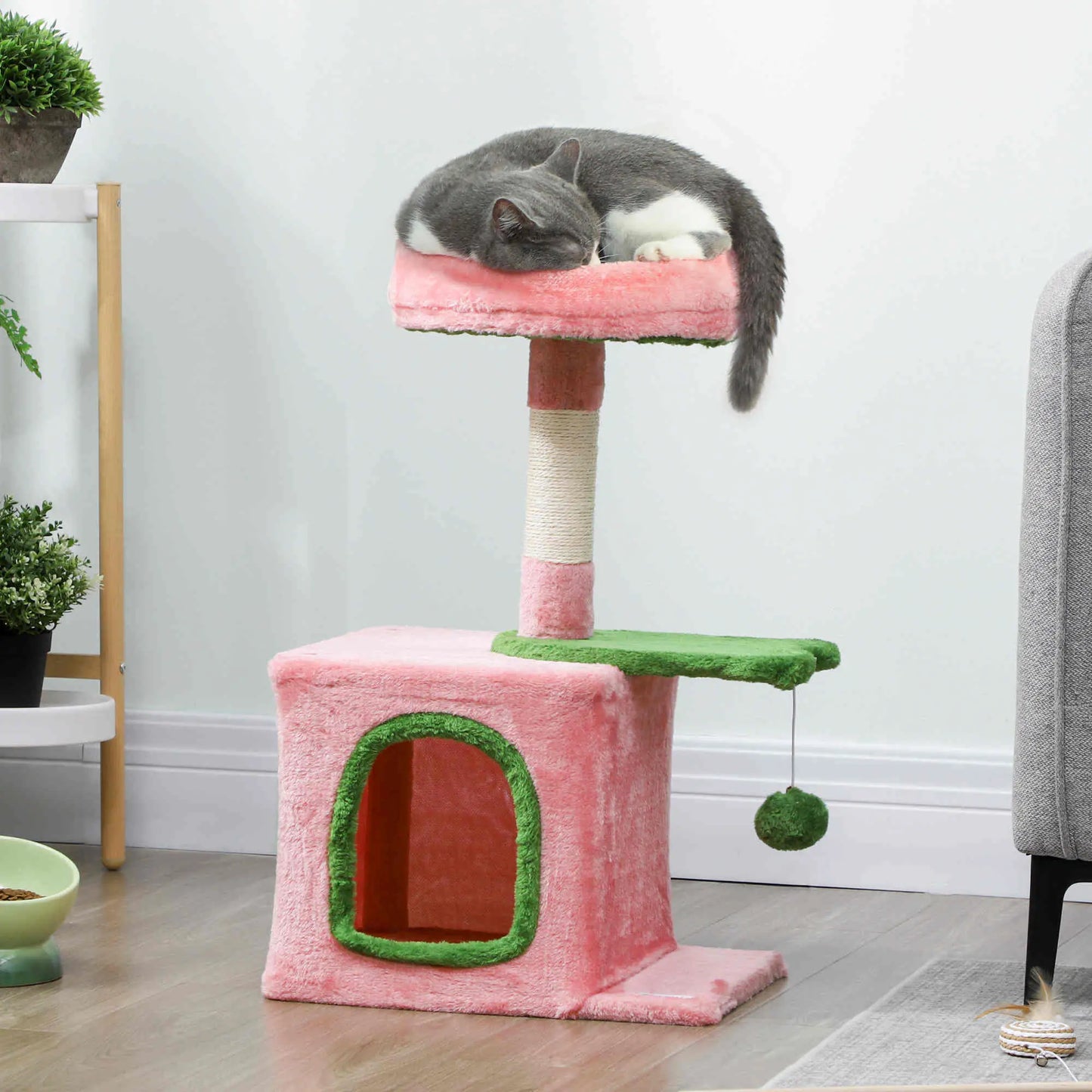 28 Inch Cat Tree Tower with Plush Bed, Condo, Scratching Post, Pink & Green Cat Posts at Gallery Canada