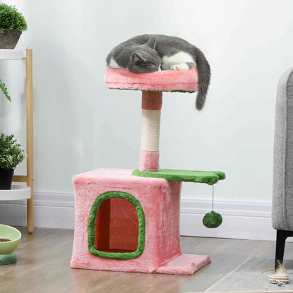 28 Inch Cat Tree Tower with Plush Bed, Condo, Scratching Post, Pink & Green Cat Posts at Gallery Canada