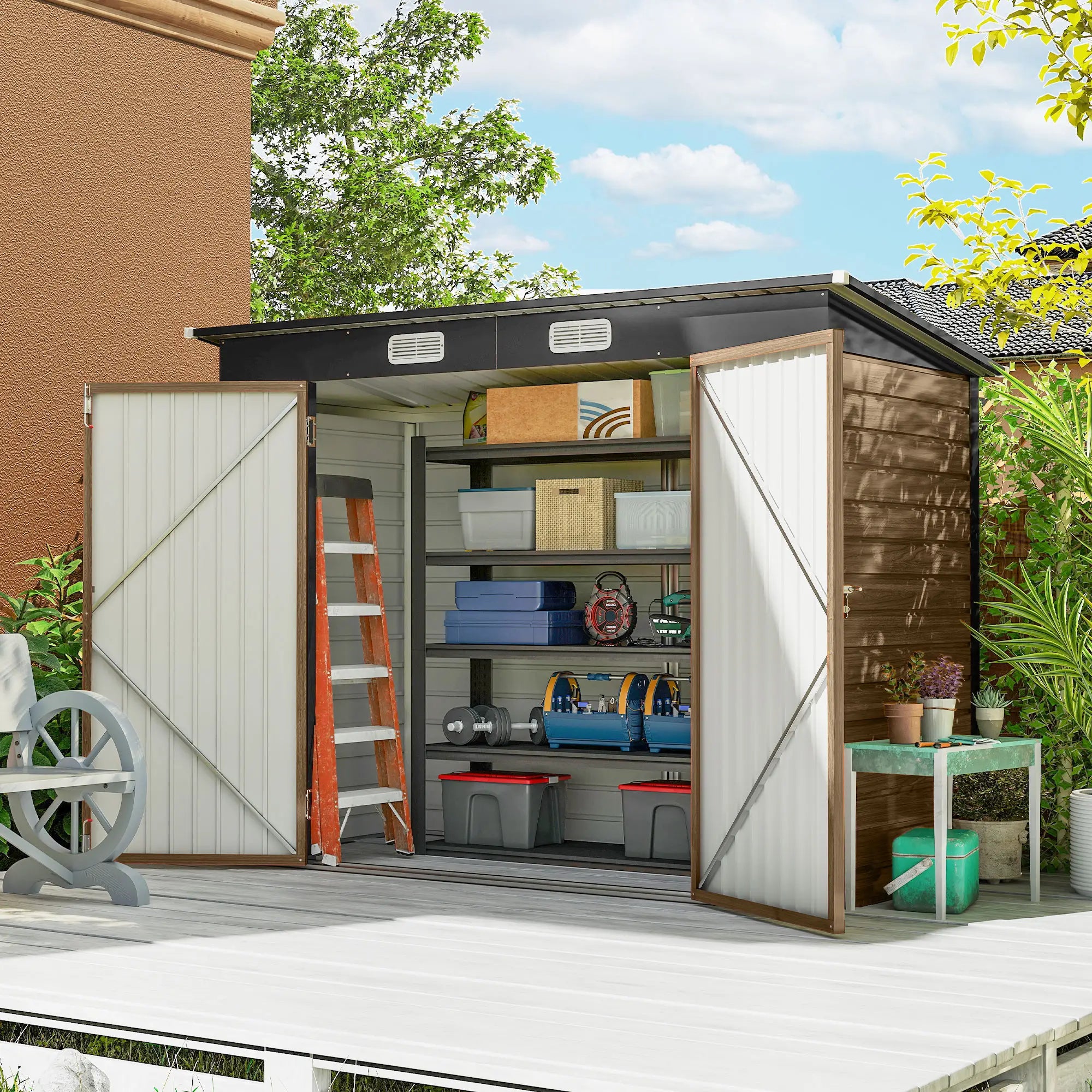 8 x 4FT Galvanized Metal Garden Storage Shed, Double Doors, 2 Vents, Teak Sheds at Gallery Canada
