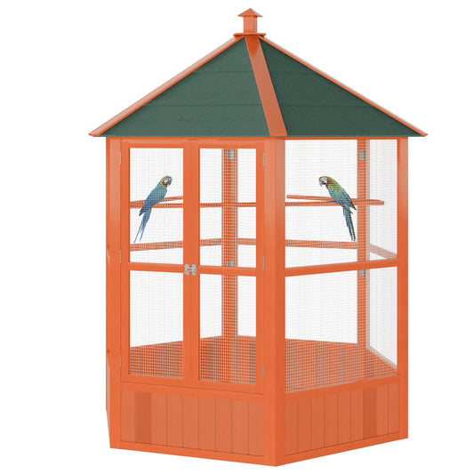 70"H Hexagonal Wooden Bird Cage, Outdoor Aviary with Doors Bird Cages Brown at Gallery Canada
