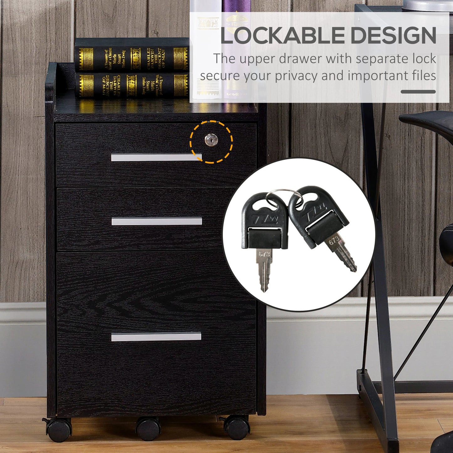 3 Drawer File Cabinet with Lock, Lockable on Wheels, Black Office Cabinets & Cupboards at Gallery Canada