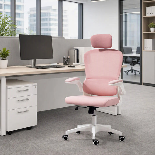Ergonomic Mesh Office Chair, High Back, Rotatable Headrest, Flip-Up Armrests, Lumbar Support, Pink Task Chairs Pink at Gallery Canada