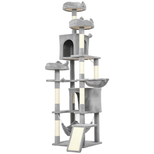76 Inch Large Cat Tree, 8 Scratching Posts, 3 Beds, 2 Hammocks, Light Grey