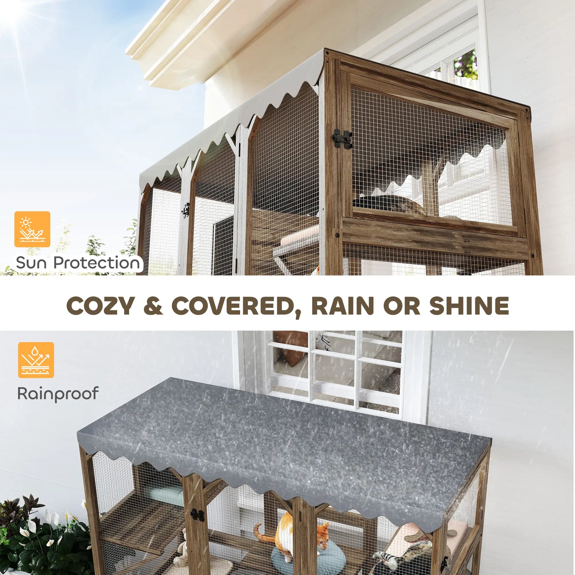 Wooden Catio Outdoor, Waterproof Cover, 5 Platforms, 59" x 28" x 59", Brown Outdoor Cat Enclosures at Gallery Canada